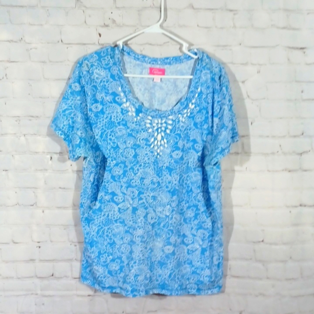 Cappagallo Blue  Top With White Beaded Collar Short Sleeve Top  XL New